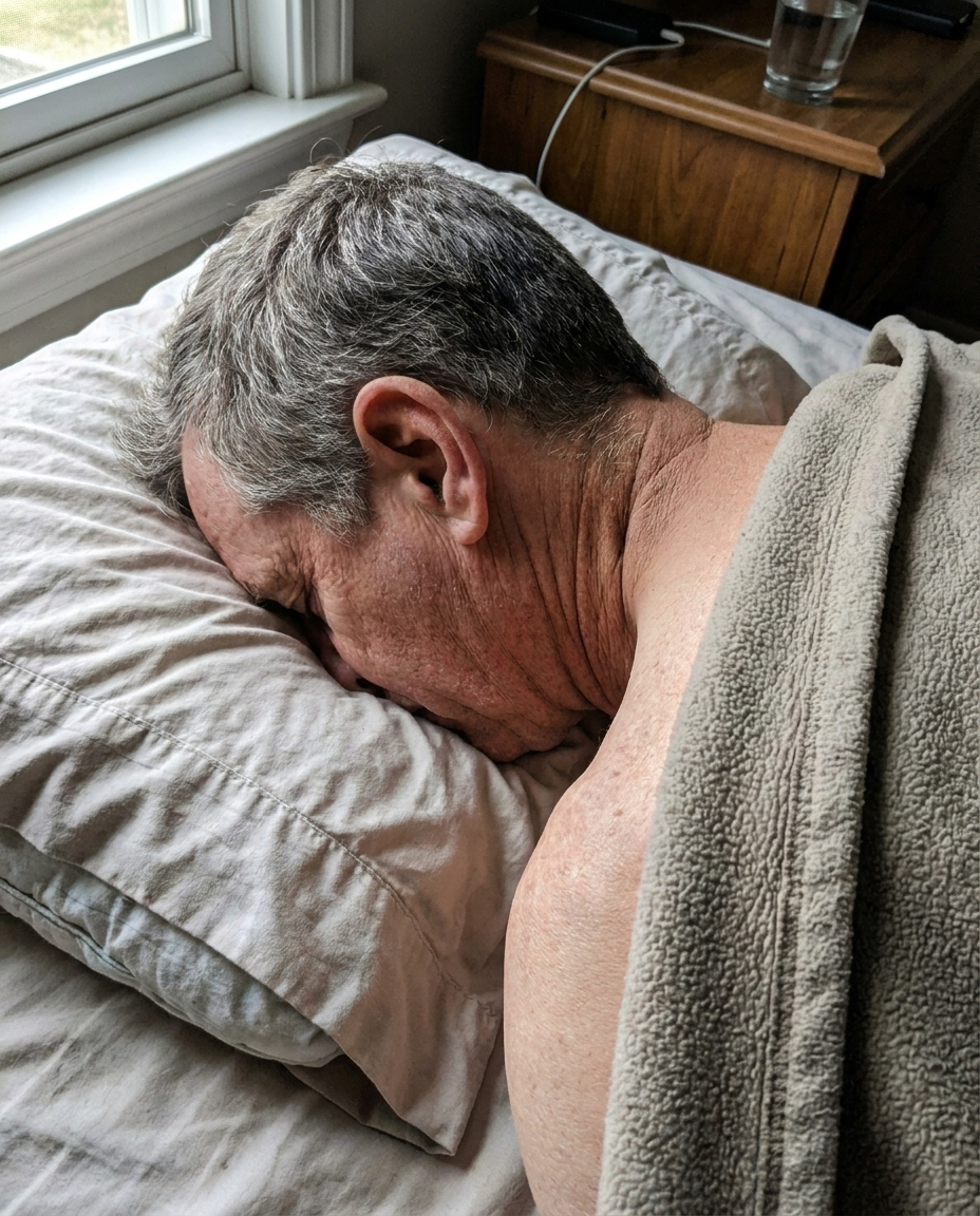 Schlafender Mann mit abgeknickter Kopf- und Nackenposition auf einem durchgelegenen Kissen